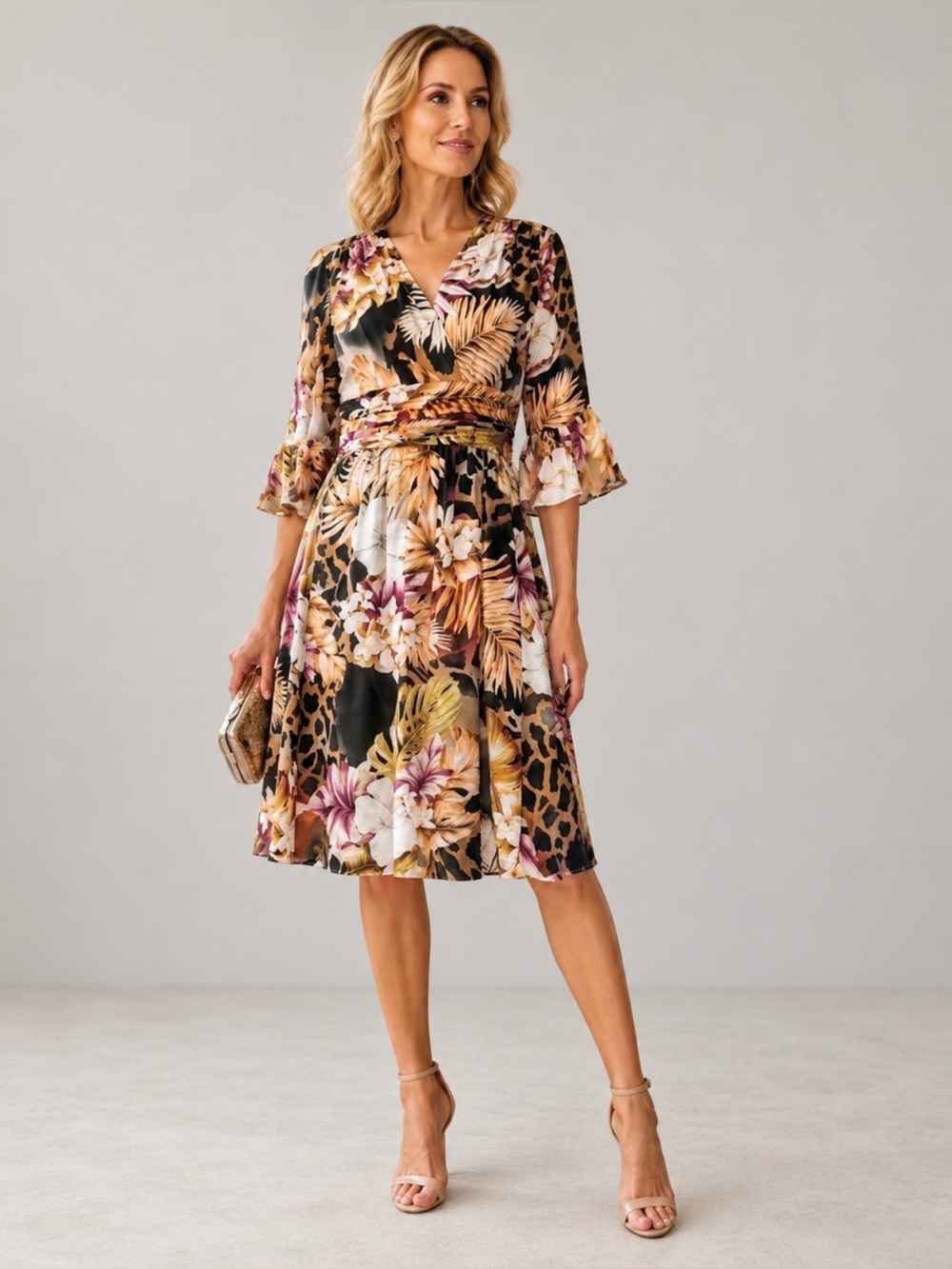 Peter Nygard 100% Silk Floral Leopard Faux Wrap Dress Size 10